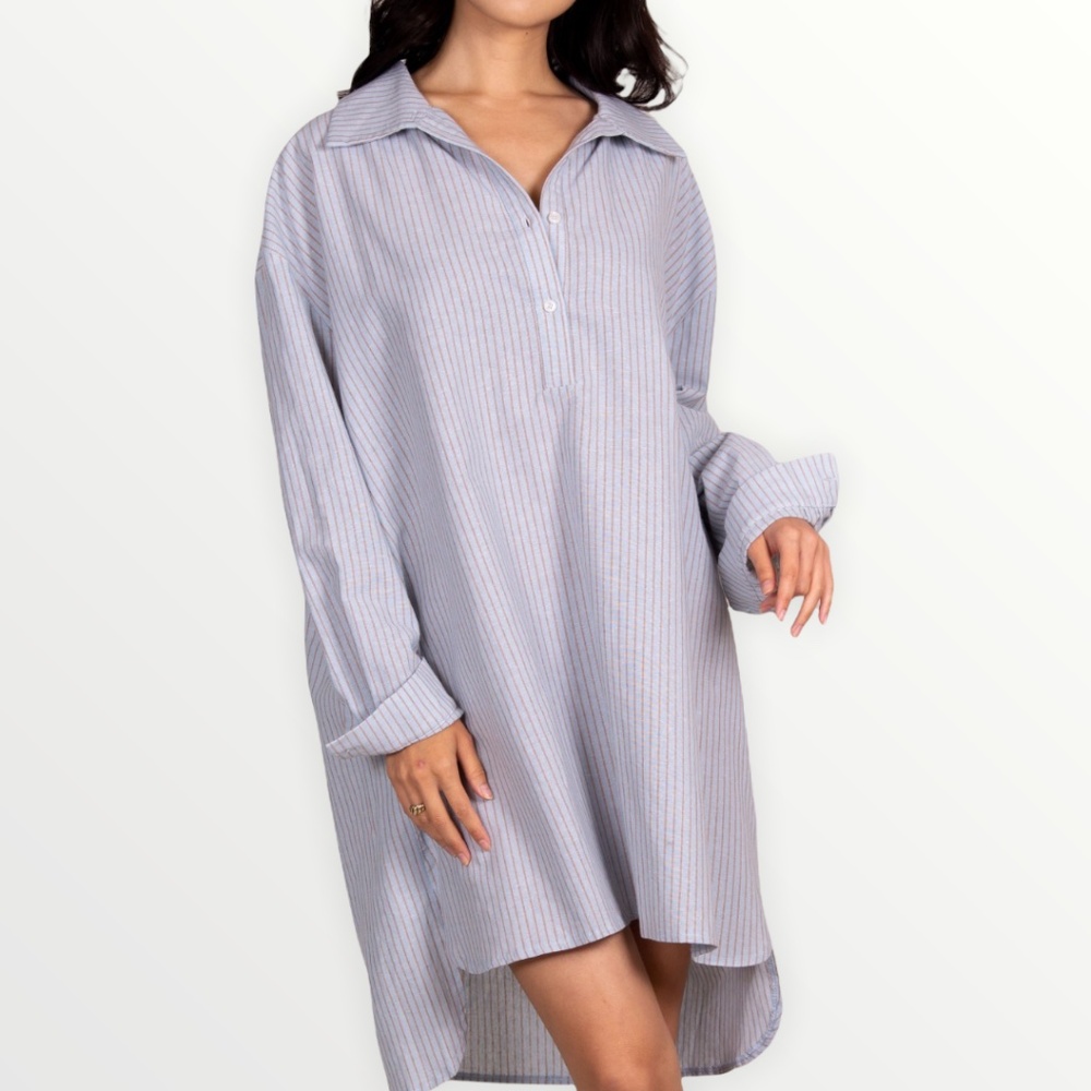 STRIPED WOVEN LONG SLEEVE SHIRT DRESS